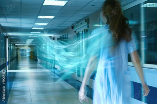 Medical Professional in Hospital Corridor with Blue Mist Evoking Motion and Speed photo