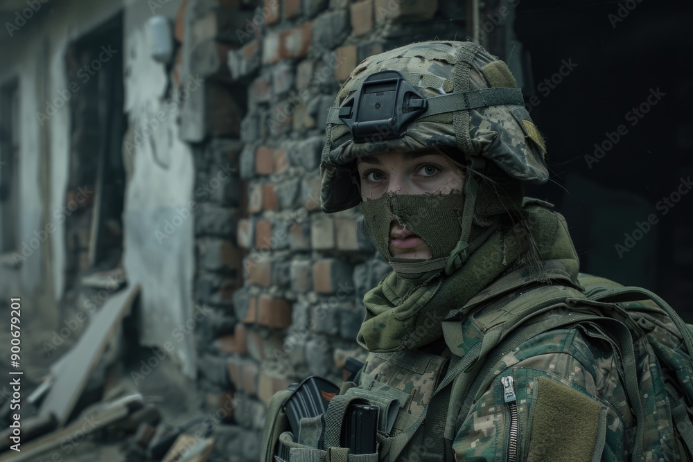 Female Soldier in Combat Gear in a WarTorn Urban Environment Female Soldier in Combat Gear in a WarTorn Urban Environment