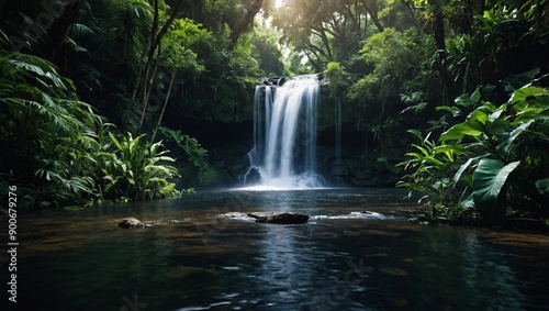 Waterfall background with aerial jungle view and trees, ideal for wallpaper. High contrast