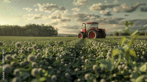 A red tractor drives through a field of green crops at sunset. The sky is filled with fluffy clouds. photo