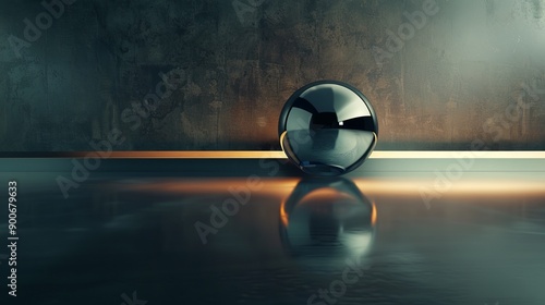 A reflective sphere rests on a smooth surface, illuminated by a warm light, with a textured wall in the background. photo