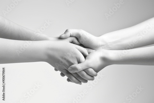 CloseUp of Two Pairs of Hands Holding Each Other in Unity and Support on a Grey Background photo