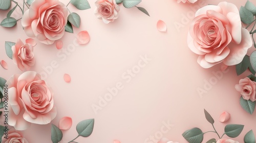 A delicate arrangement of blush pink roses and eucalyptus leaves on a soft pink background. Perfect for a romantic or elegant design.