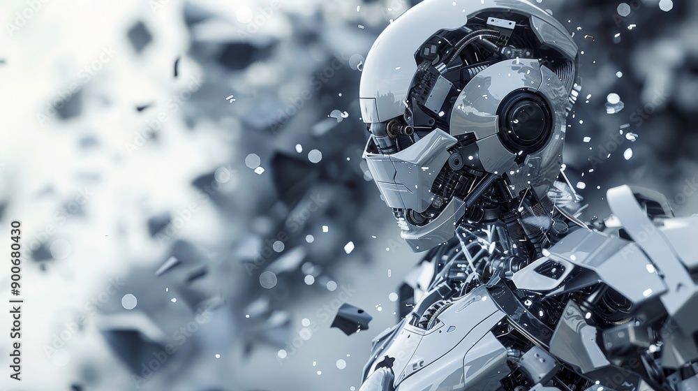 A futuristic robot stands amidst a flurry of debris, its metallic exterior reflecting the chaos. A futuristic robot stands amidst a flurry of debris, its metallic exterior reflecting the chaos.
