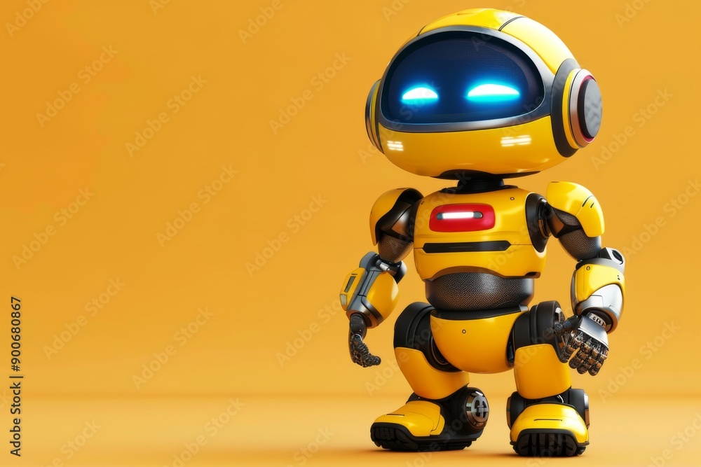 Yellow robot with a blue face standing on a vibrant yellow background Yellow robot with a blue face standing on a vibrant yellow background