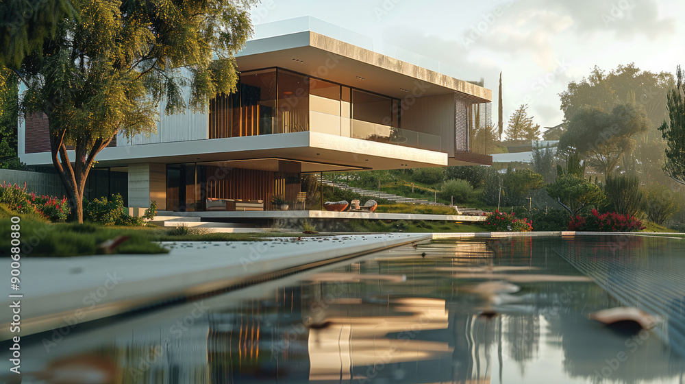 Clean and concise lines and colors to express the architectural characteristics of modern villas, leaving a spacious ground in the foreground. Generative AI. Clean and concise lines and colors to express the architectural characteristics of modern villas, leaving a spacious ground in the foreground. Generative AI.