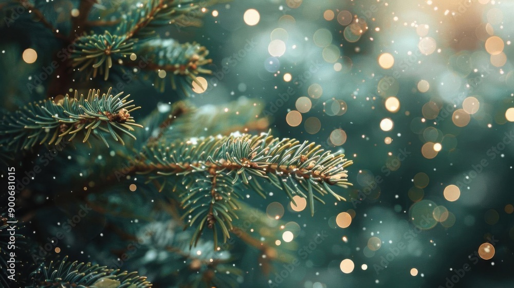 A serene close-up of evergreen branches adorned with soft snow and gentle bokeh lights creating a winter wonderland vibe. A serene close-up of evergreen branches adorned with soft snow and gentle bokeh lights creating a winter wonderland vibe.