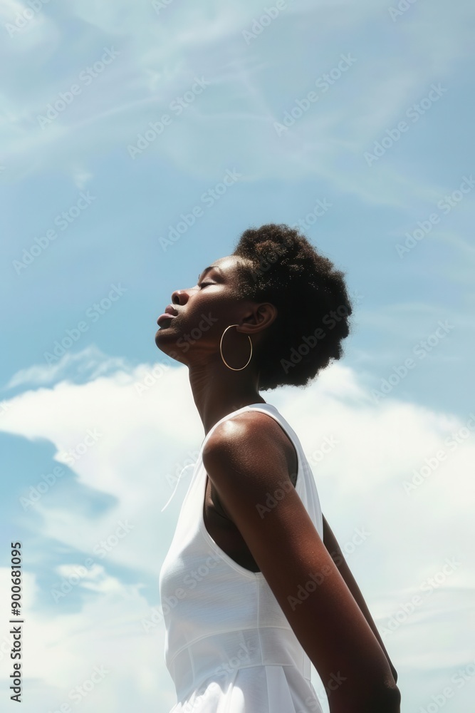 Obraz premium A woman in a white dress gazes upward against a bright blue sky, embodying freedom and hope in her expression.