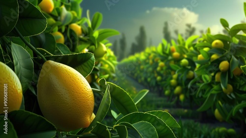 Lush lemon grove with ripe fruit basking in sunlight, showcasing vibrant colors and natural beauty of agriculture. photo