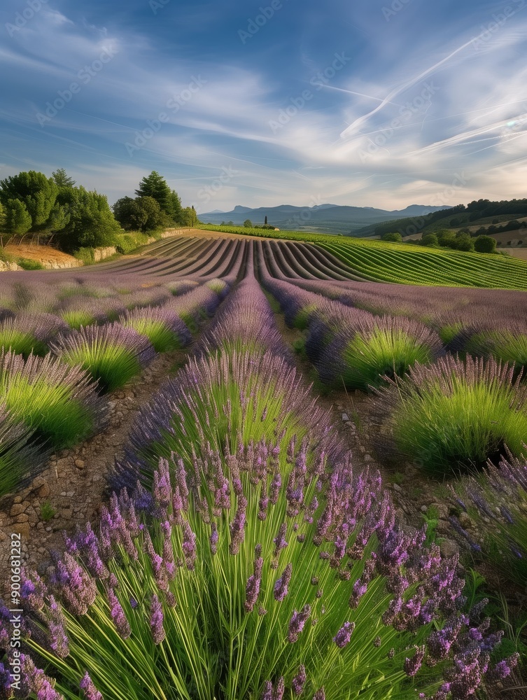 Fototapeta premium Lavender Fields at Sunset: A captivating view of a field of lavender in full bloom, bathed in the golden light of the setting sun, with the lush green foliage and rows of purple flowers.