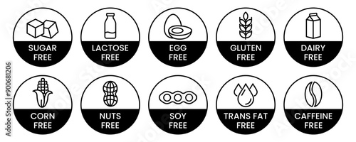 Set allergen free icons. Allergen free products. Products warning symbols. Lactose, gluten, sugar, corn, egg, trans fat, soy, nuts free, coffeine sign.