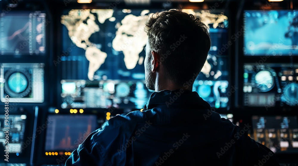Man in a control room monitors multiple screens displaying world maps and data, highlighting technology and surveillance. high quality. Man in a control room monitors multiple screens displaying world maps and data, highlighting technology and surveillance. high quality.