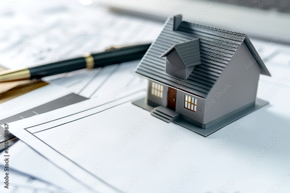 Miniature house model on architectural blueprints representing real estate, construction, and home planning concepts. high quality. Miniature house model on architectural blueprints representing real estate, construction, and home planning concepts. high quality.