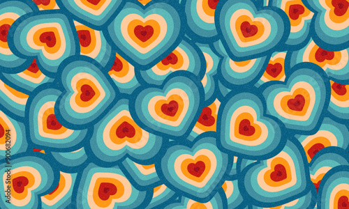 Vintage Striped heart pattern psychedelic concentric colored hearts with cartoon style. Backgrounds, Posters, Banner Samples, Retro Colors from the 1970s 1980s, 70s, 80s, 90s. retro vintage 70s