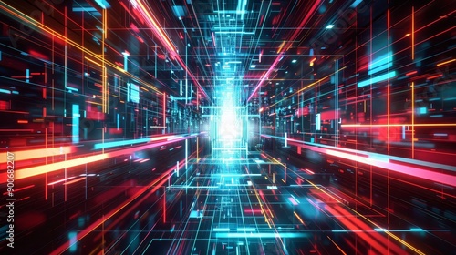 Abstract digital tunnel with glowing lines in red, blue, and yellow.  A bright light shines at the end.