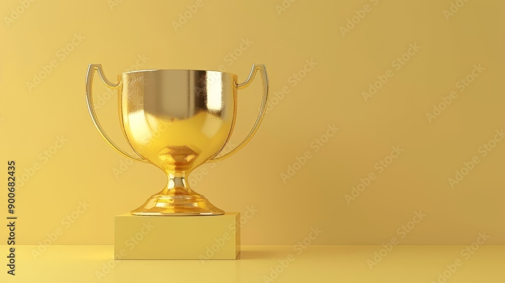 A shiny gold trophy sits on a golden base against a yellow background. A shiny gold trophy sits on a golden base against a yellow background.