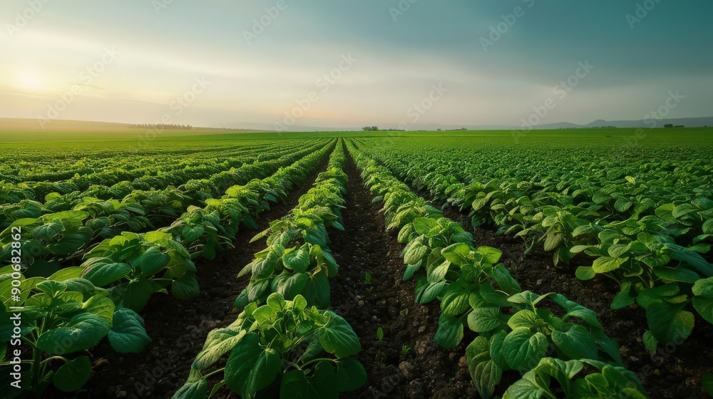 Lush green potato field under a serene sky, showcasing rows of healthy plants illuminated by the warm glow of the setting sun. Lush green potato field under a serene sky, showcasing rows of healthy plants illuminated by the warm glow of the setting sun.
