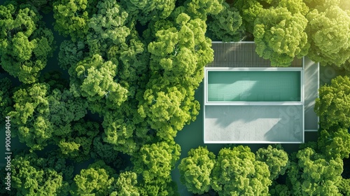 Aerial view of a modern house with a swimming pool surrounded by lush green trees.