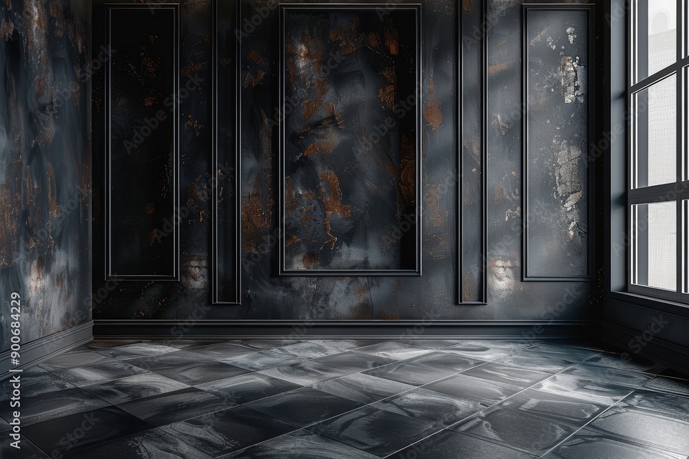 Obraz premium Dark wall, three vertical frames, floor. Generative AI.