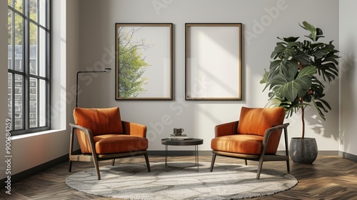 Two framed posters on a wall in a modern livingroom interior with stylish furniture