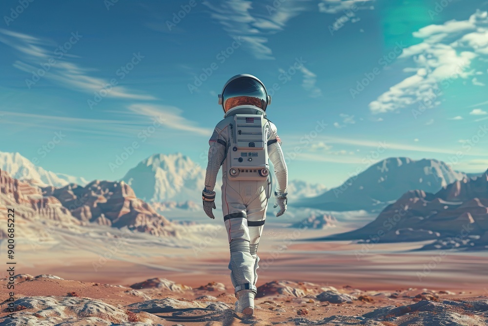 Rear view of astronaut walking on planet Rear view of astronaut walking on planet
