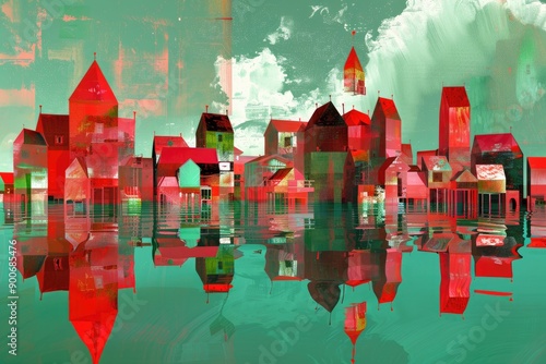 Red and green abstract background with surreal, floating holiday villages photo