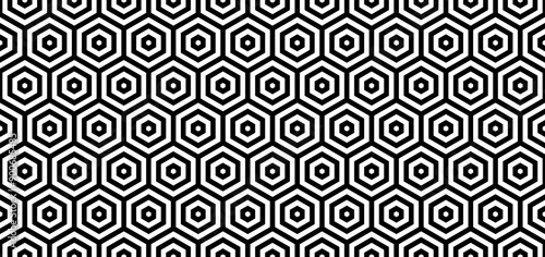 Seamless geometric pattern with hexagons, lines. Black and white abstract background.