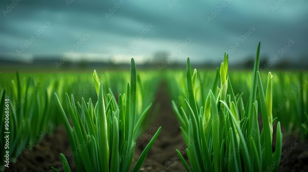Fototapeta premium Lush green grass stretches towards the sky under a cloudy atmosphere, evoking a sense of tranquility and natural beauty.