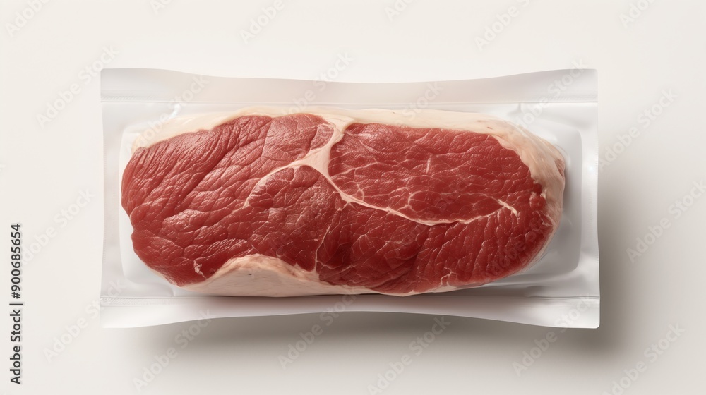 Vacuum-sealed package of raw meat with visible marbling, ready for sale or cooking. Vacuum-sealed package of raw meat with visible marbling, ready for sale or cooking.