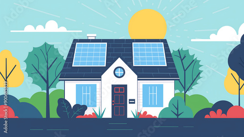 house with solar panels on the roof, surrounded by trees and a setting sun, illustrating renewable energy in residential areas

 photo