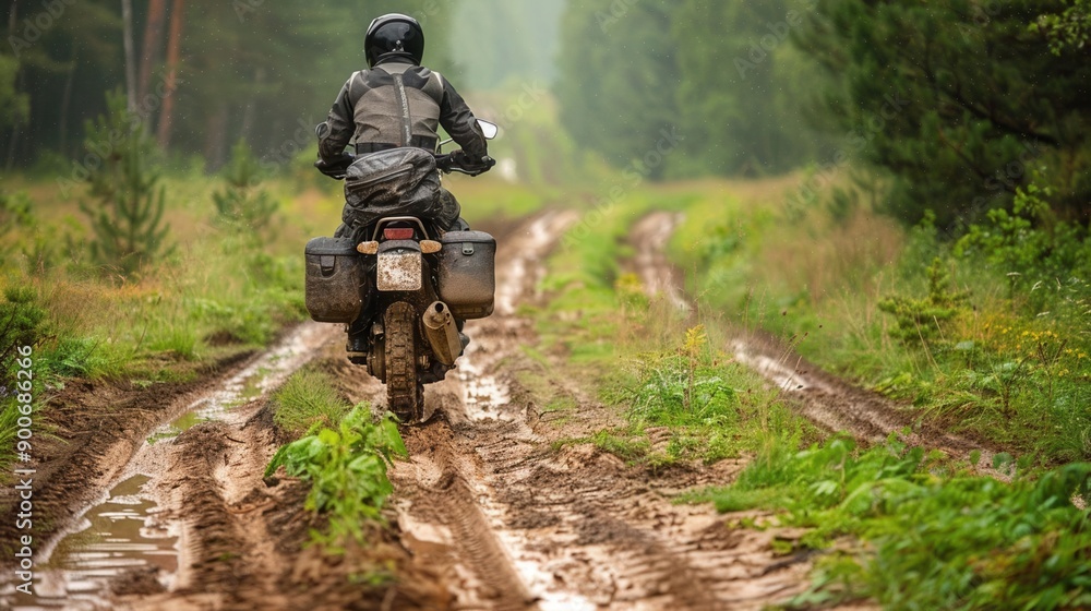 Adventure motorcycle with panniers on a dirt path, offroad touring, longdistance ride Adventure motorcycle with panniers on a dirt path, offroad touring, longdistance ride