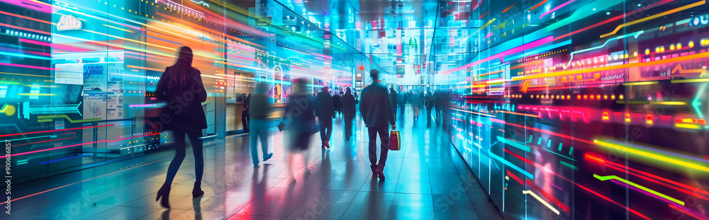 People shopping in a futuristic setting People shopping in a futuristic setting