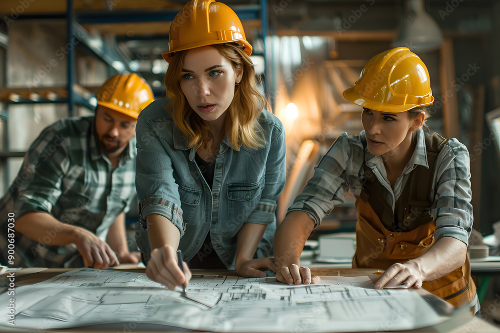 An architect looking at the plans for a new construction and checking that everything is okay An architect looking at the plans for a new construction and checking that everything is okay
