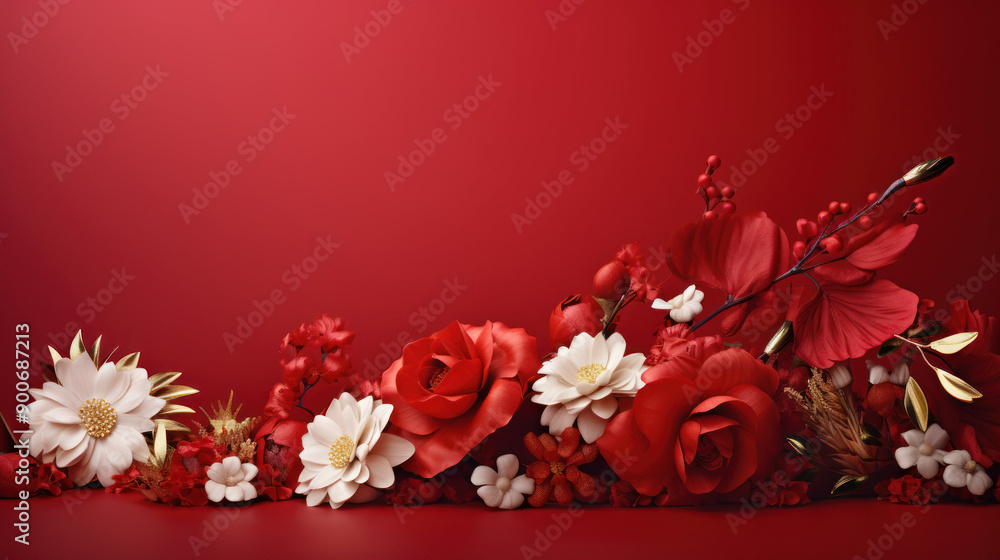 Obraz premium Luxury branding banner. Flowers on a solid red background. Vibrant coloration, aesthetically.