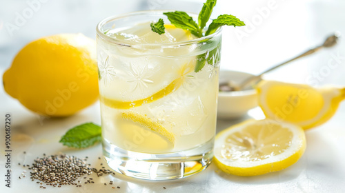 Glass of chia seed water with lemon and mint on marble countertop. Small dish of dry chia seeds and spoon beside it. Sleek, uncluttered kitchen background..