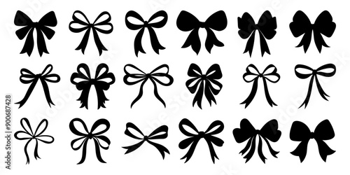 A collection of black bows with varying sizes and shapes. The bows are all black and have a simple, elegant design. Scene is one of sophistication and grace