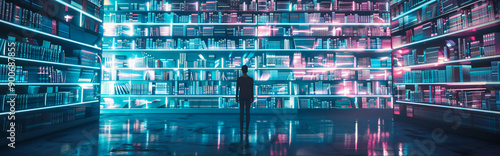 Person visiting a futuristic digital library