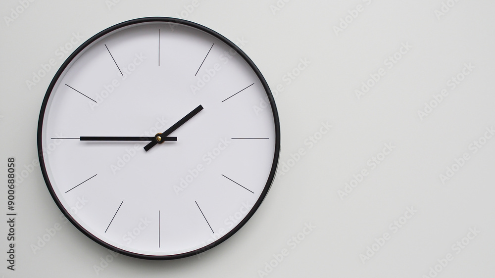 Wall Clock Showing 13.45/01.45 O'Clock on White Wooden Surface - Perfect for Time Management and Scheduling Concepts Wall Clock Showing 13.45/01.45 O'Clock on White Wooden Surface - Perfect for Time Management and Scheduling Concepts