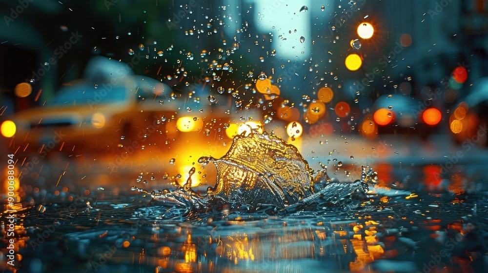Fototapeta premium Raindrops splashing into a puddle on a city street, close-up, high definition.