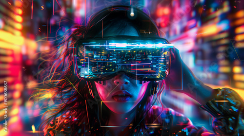 A girl wearing virtual reality glasses, neon lights in the environment