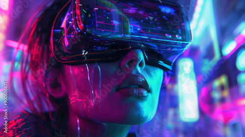 A girl wearing virtual reality glasses, neon lights in the environment