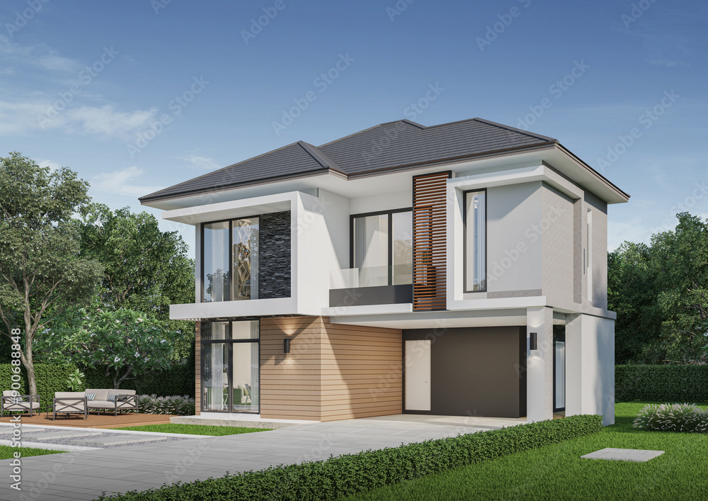 Modern house exterior day light with lawn grass.3d rendering Modern house exterior day light with lawn grass.3d rendering
