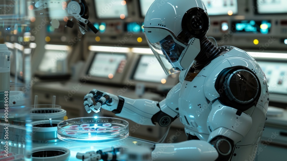 Fototapeta premium a robot with a blue light on it is working on a liquid