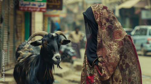 Pakistani woman with a goat, cinematic scene, potrait