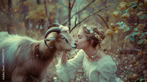 A caring moment between a  beautiful girl and a wild dog in the forest