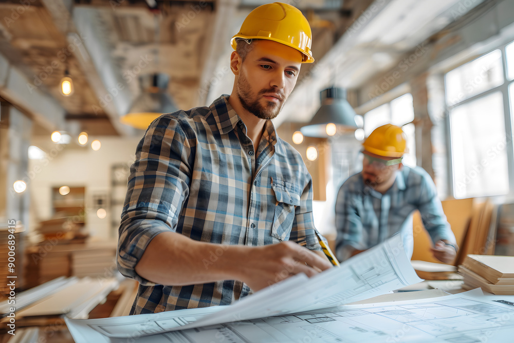 An architect looking at the plans for a new construction and checking that everything is okay An architect looking at the plans for a new construction and checking that everything is okay