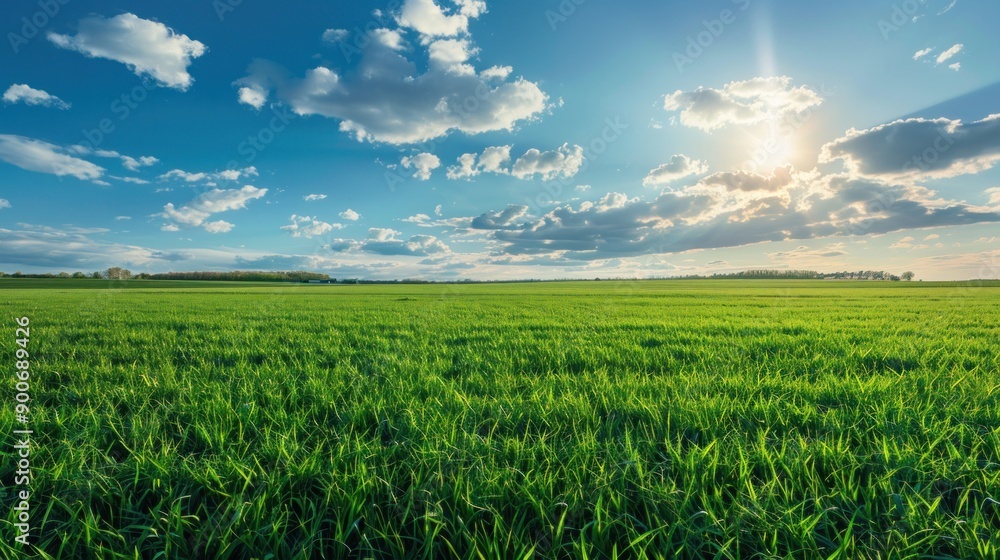 Lush Green Field Under a Blue Sky with Sun and Clouds Lush Green Field Under a Blue Sky with Sun and Clouds