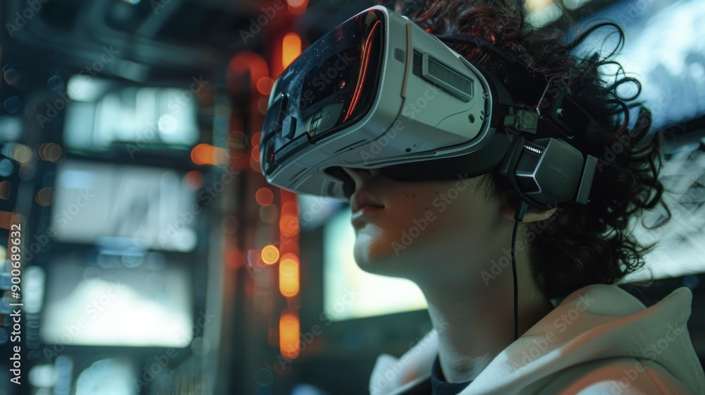A Person Wearing a Virtual Reality Headset in a Futuristic Setting A Person Wearing a Virtual Reality Headset in a Futuristic Setting