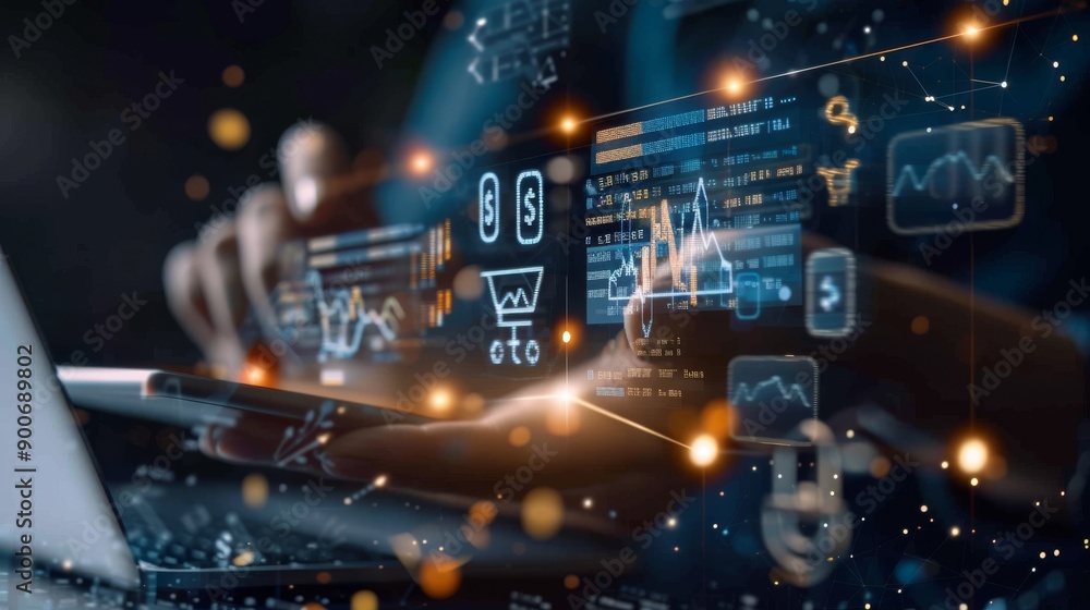 Digital Banking and Financial Technology Concept. A person presents digital banking and financial technology icons, and currency symbols, emphasizing modern online payment systems and e-commerce. Digital Banking and Financial Technology Concept. A person presents digital banking and financial technology icons, and currency symbols, emphasizing modern online payment systems and e-commerce.