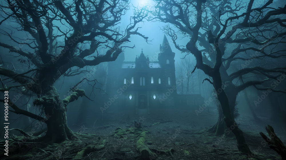 Eerie dark forest with twisted trees framing a haunted mansion in the background Eerie dark forest with twisted trees framing a haunted mansion in the background